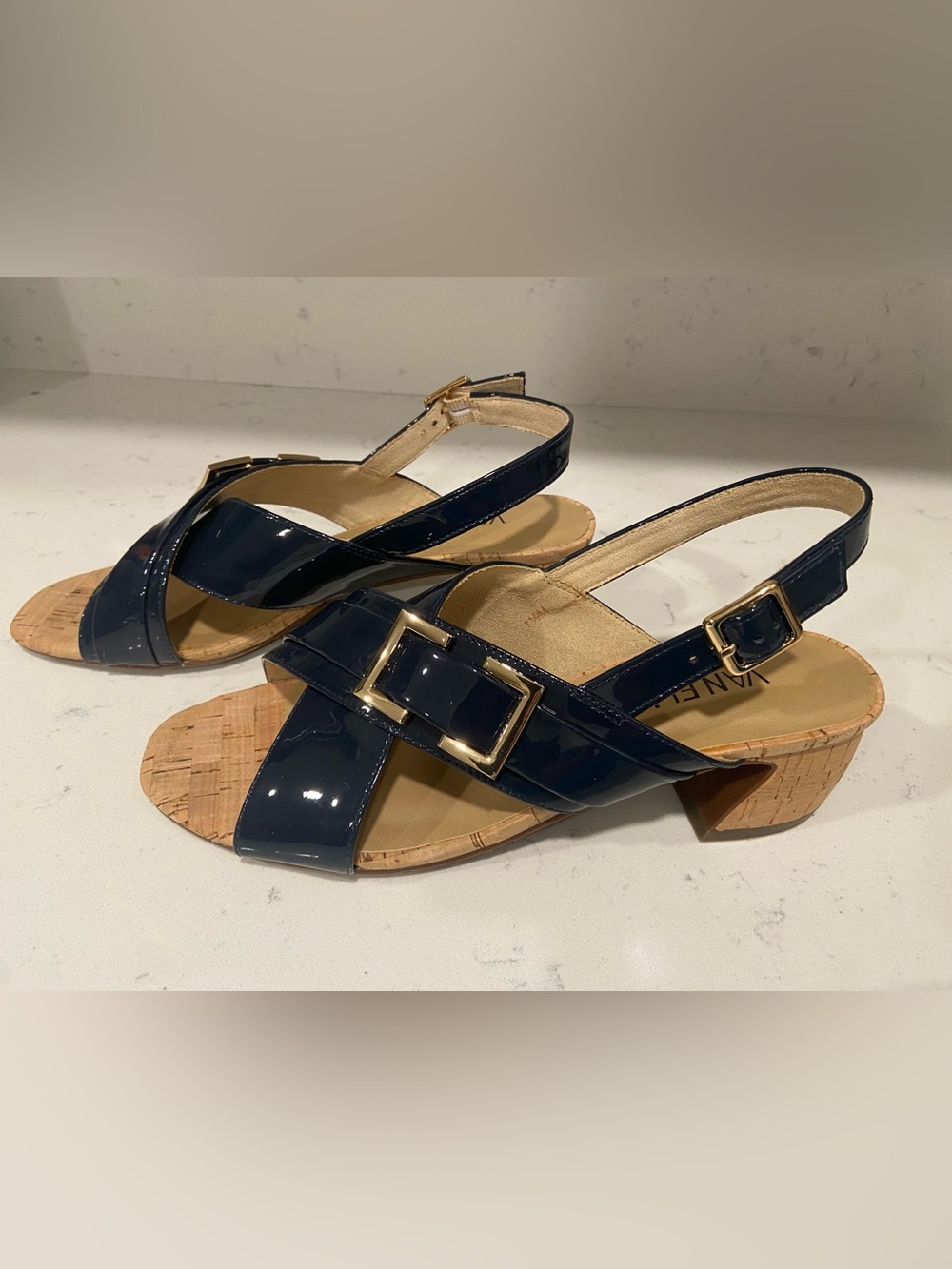 Vaneli Navy Patent Slingback Sandals with Gold Buckle